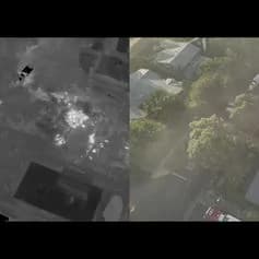 Split view: left grayscale with bright white cluster, right color aerial of houses and trees