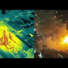 Two-panel image: left neon green and blue geometric lights; right orange fire and smoke
