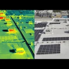 Split view: thermal rooftop scene with vents on left; solar panels on white roof on right
