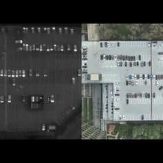 A split aerial view of a rooftop parking lot with cars, black and white on left and color on right