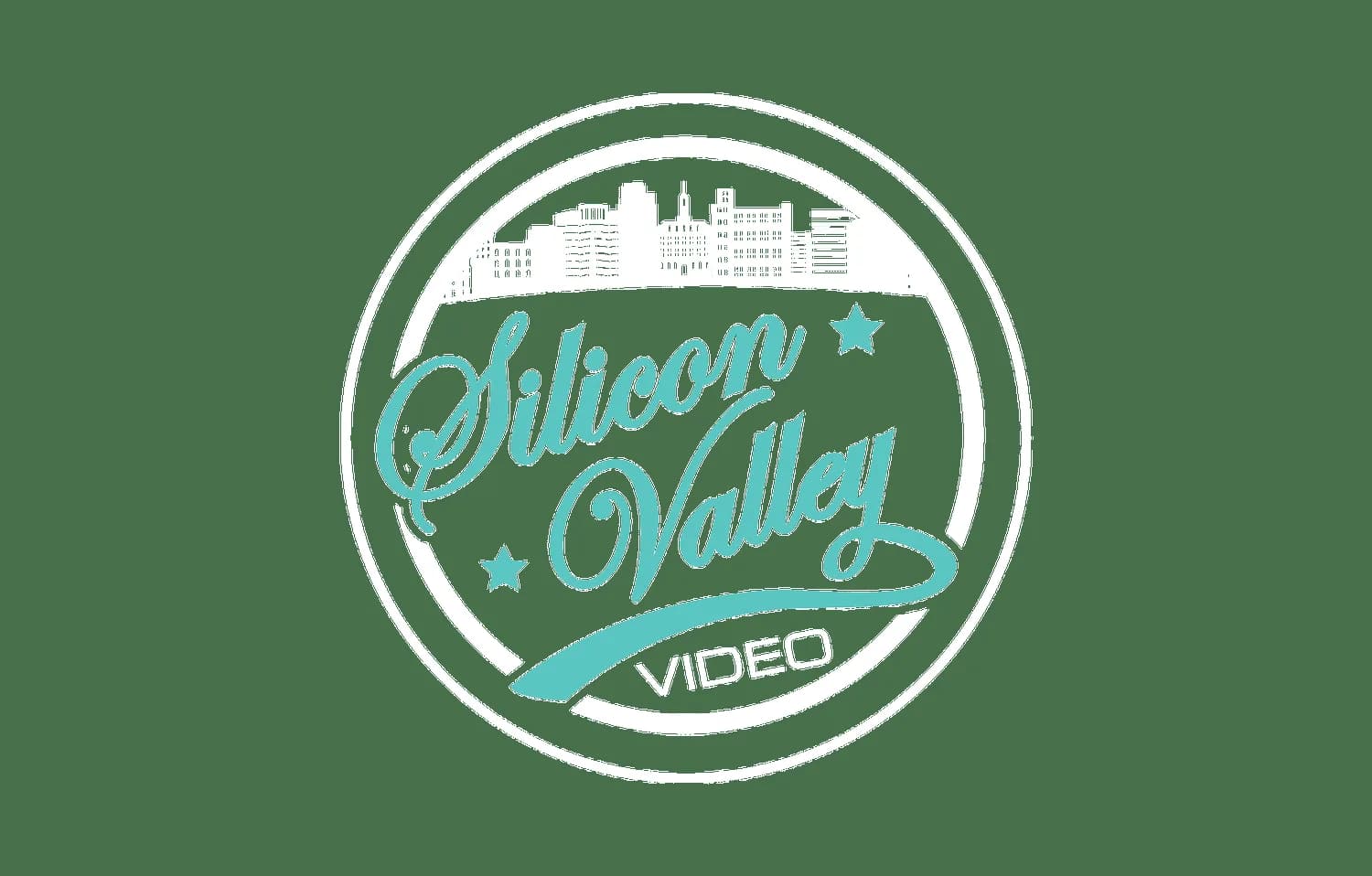 Logo circular seal with city skyline, teal script Silicon Valley, stars, and a ribbon with the word video