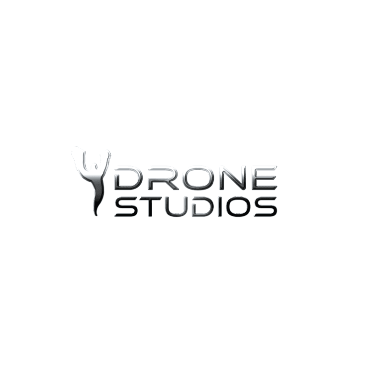 Logo for Drone Studios featuring a stylized left graphic and the text Drone Studios in metallic lettering
