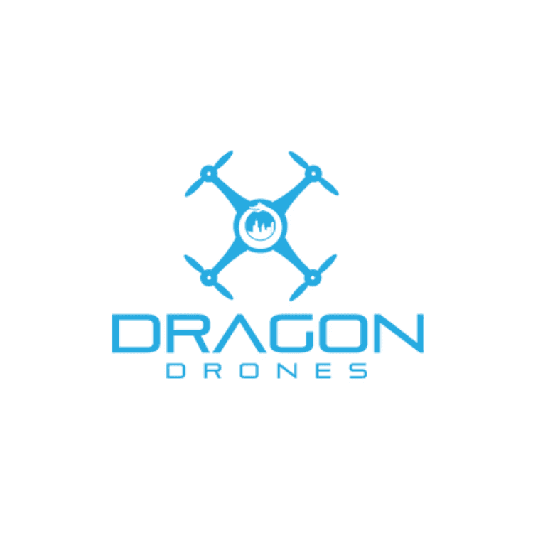 Logo for Dragon Drones with a blue quadcopter icon above the text Dragon Drones
