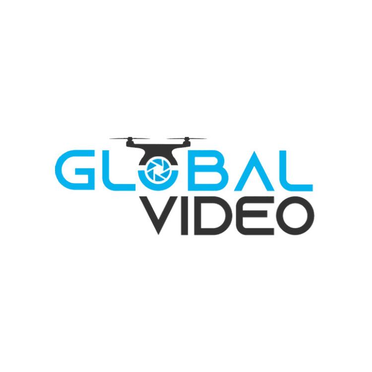 Logo for Global Video HQ with a blue GLOBAL and gray VIDEO, drone silhouette above the word and a blue camera aperture inside the O