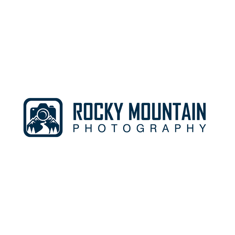 Logo with a rounded square icon of a camera and mountains with trees and the text Rocky Mountain Photography