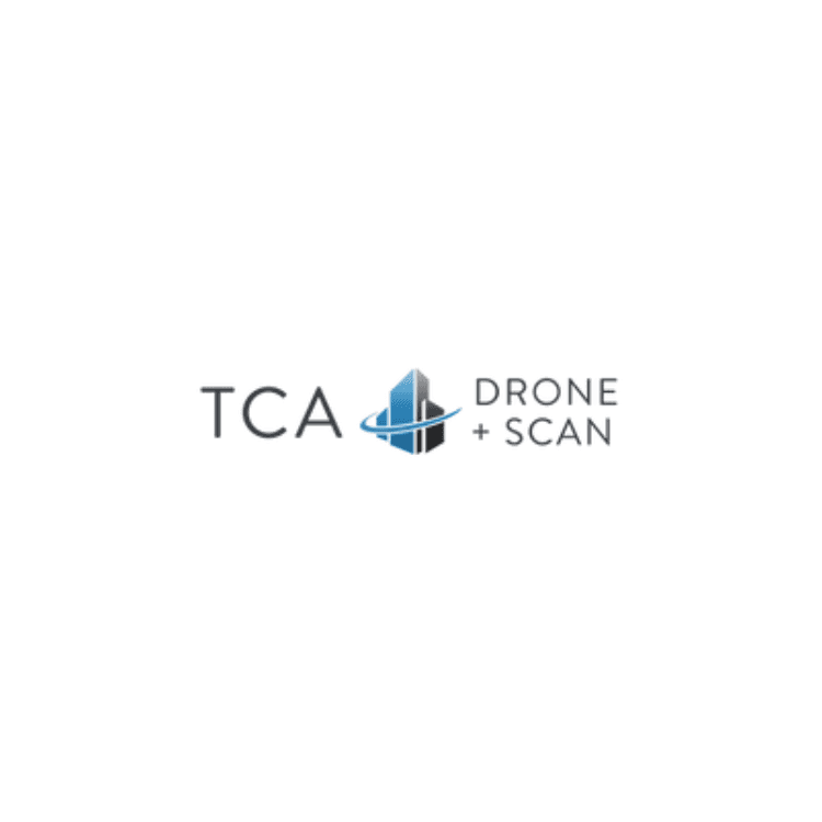 Logo showing TCA on the left, a blue and gray geometric icon in the center, and DRONE + SCAN on the right
