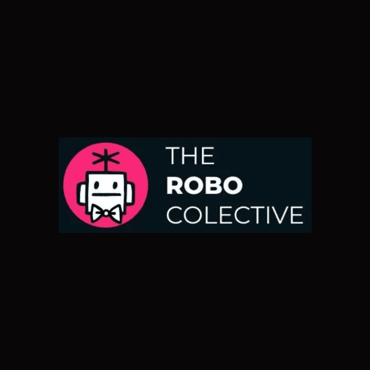 Logo with a pink circle robot head and bow tie beside white text The Robo Collective on dark blue background