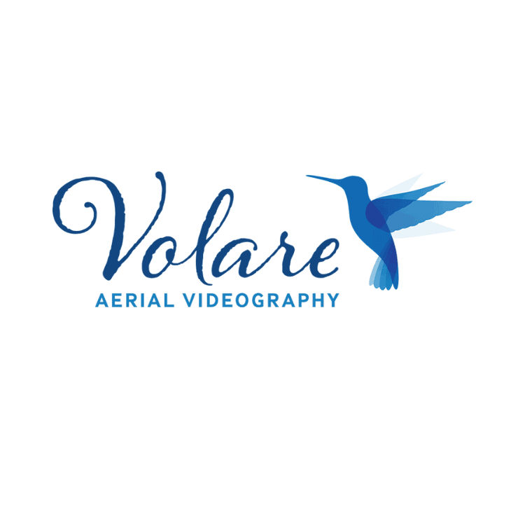 Logo for Volare Aerial Videography featuring blue script Volare and a blue hummingbird graphic