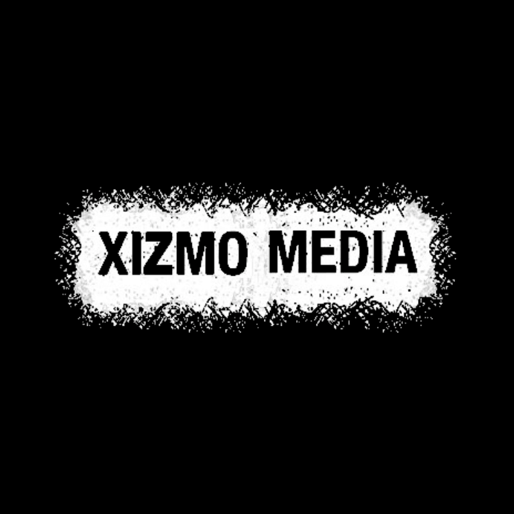 Logo for XIZMO MEDIA with bold text on a white spray-paint rectangle against a black background