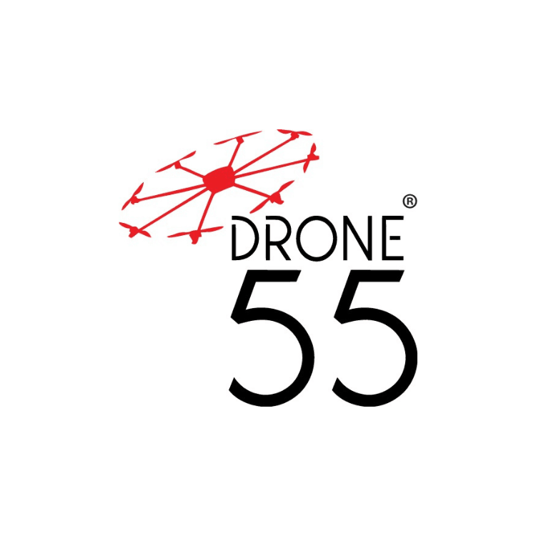 Logo for Drone 55 featuring a red drone graphic and the black wordmark DRONE with the number 55