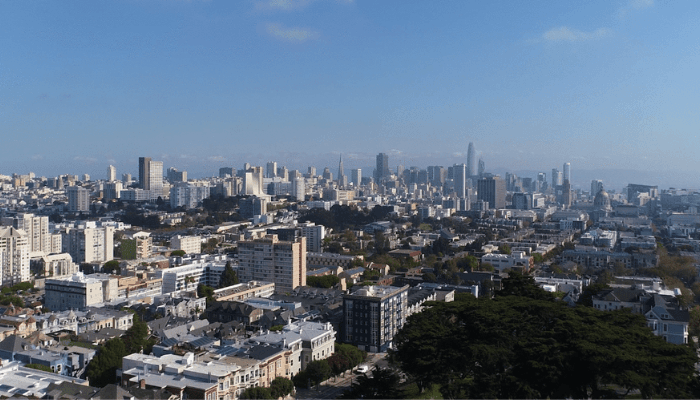Aerial view of a city with dense blocks, a distant skyline, and trees in the foreground under a blue sky