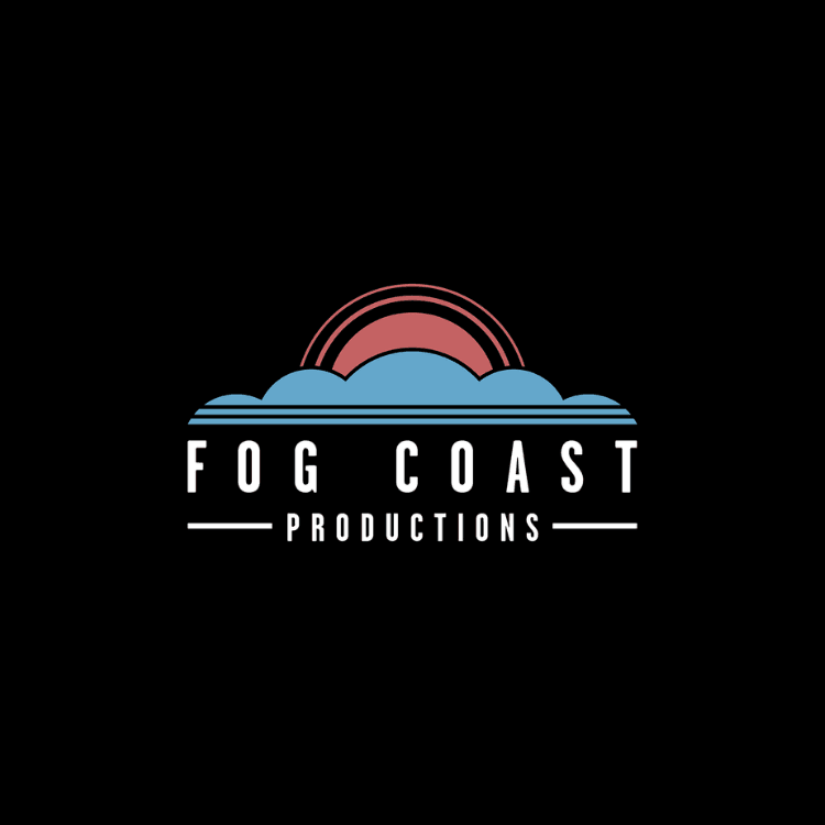 Fog Coast Productions logo featuring a blue cloud and concentric red arcs above with white text