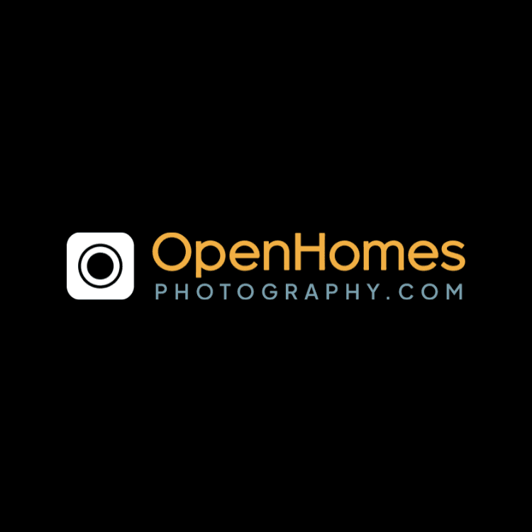 Logo with a white rounded-square camera icon and orange OpenHomes text, blue PHOTOGRAPHY.COM