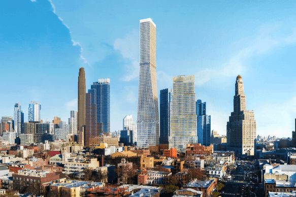 City skyline with tall skyscrapers and a bright blue sky, lower brick buildings in foreground