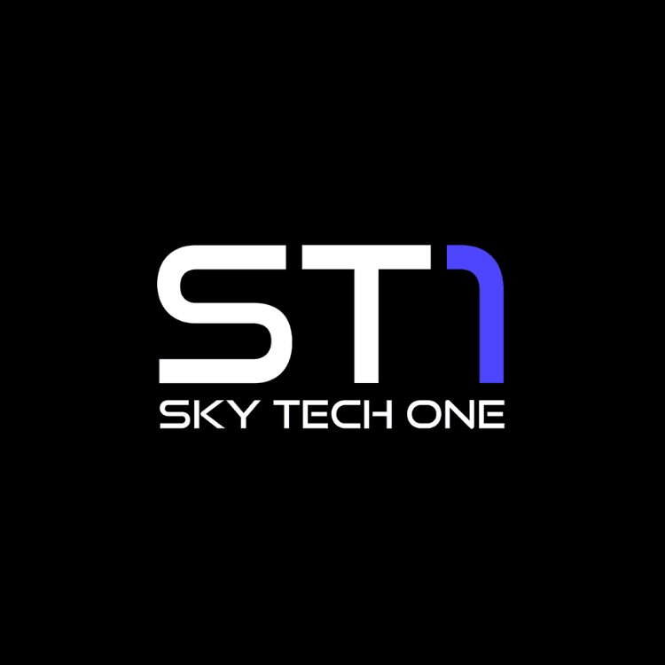 Logo with white stylized ST letters and a blue curved stroke, and Sky Tech One below on black background