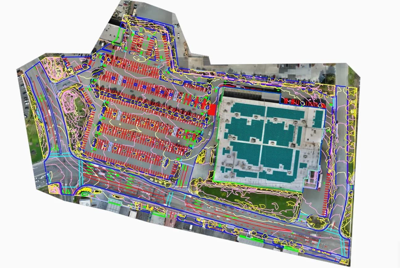 Aerial view of a site with a teal-roofed building and a parking lot overlaid with color lines and contours