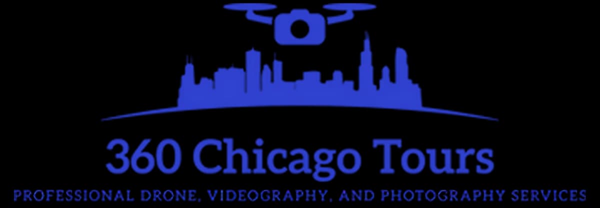 Logo for 360 Chicago Tours featuring a blue drone above a blue Chicago skyline and blue text