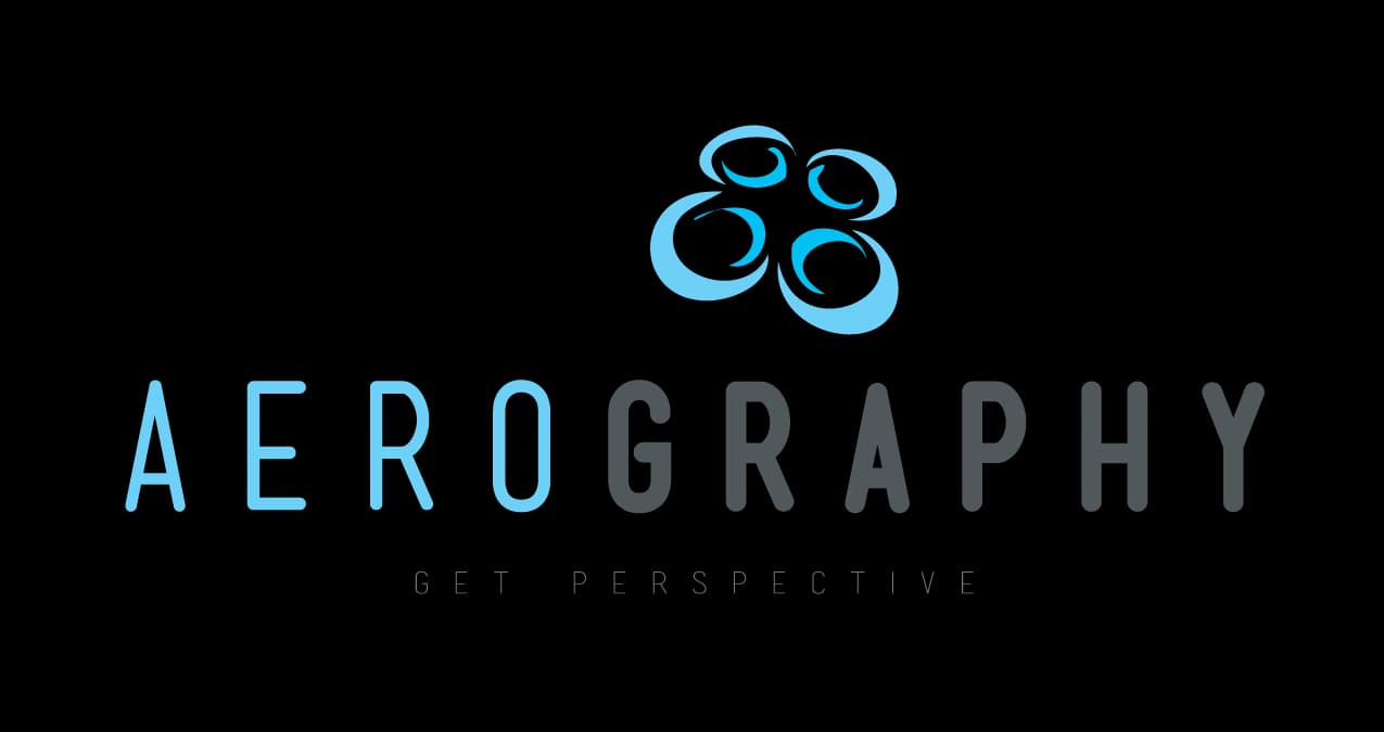 Logo for Aerography featuring light blue AERO, dark gray GRAPHY text and a cluster of blue ring shapes above