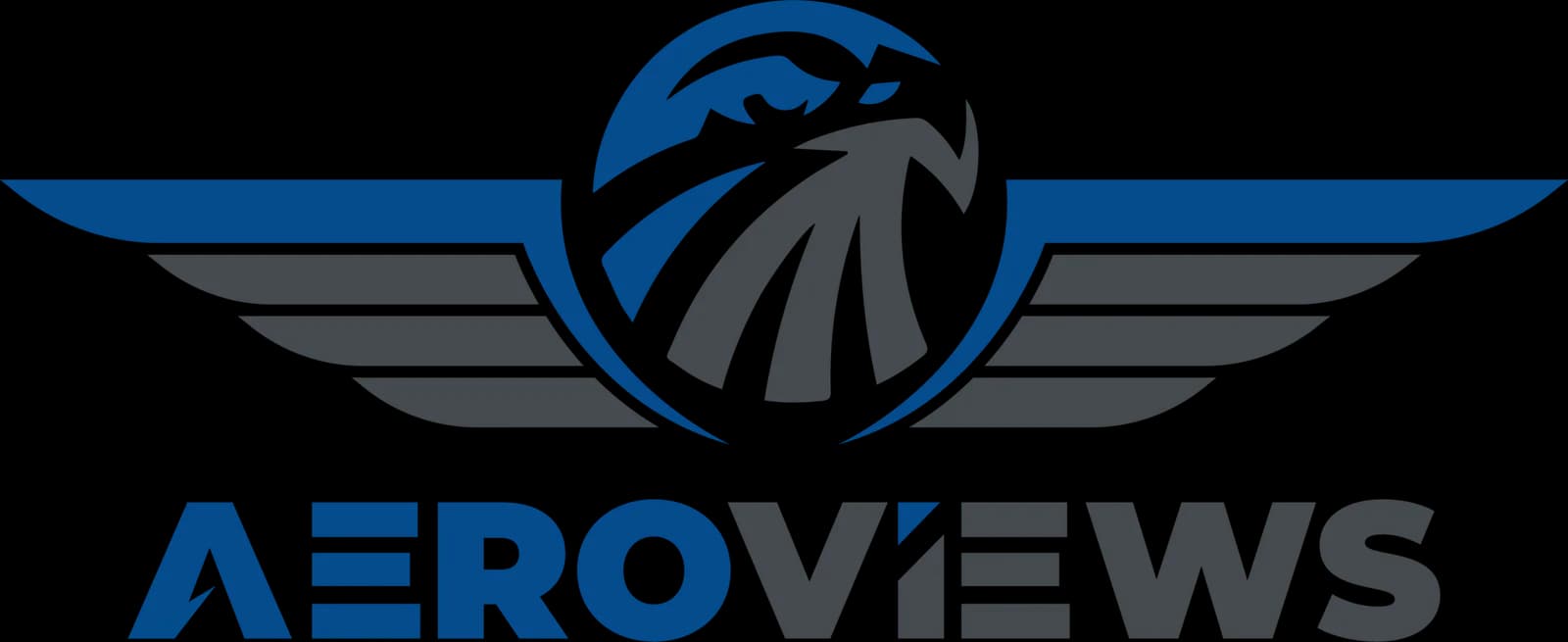 Logo for AeroViews LLC with blue and dark gray wings around a circular emblem and bold AeroViews text