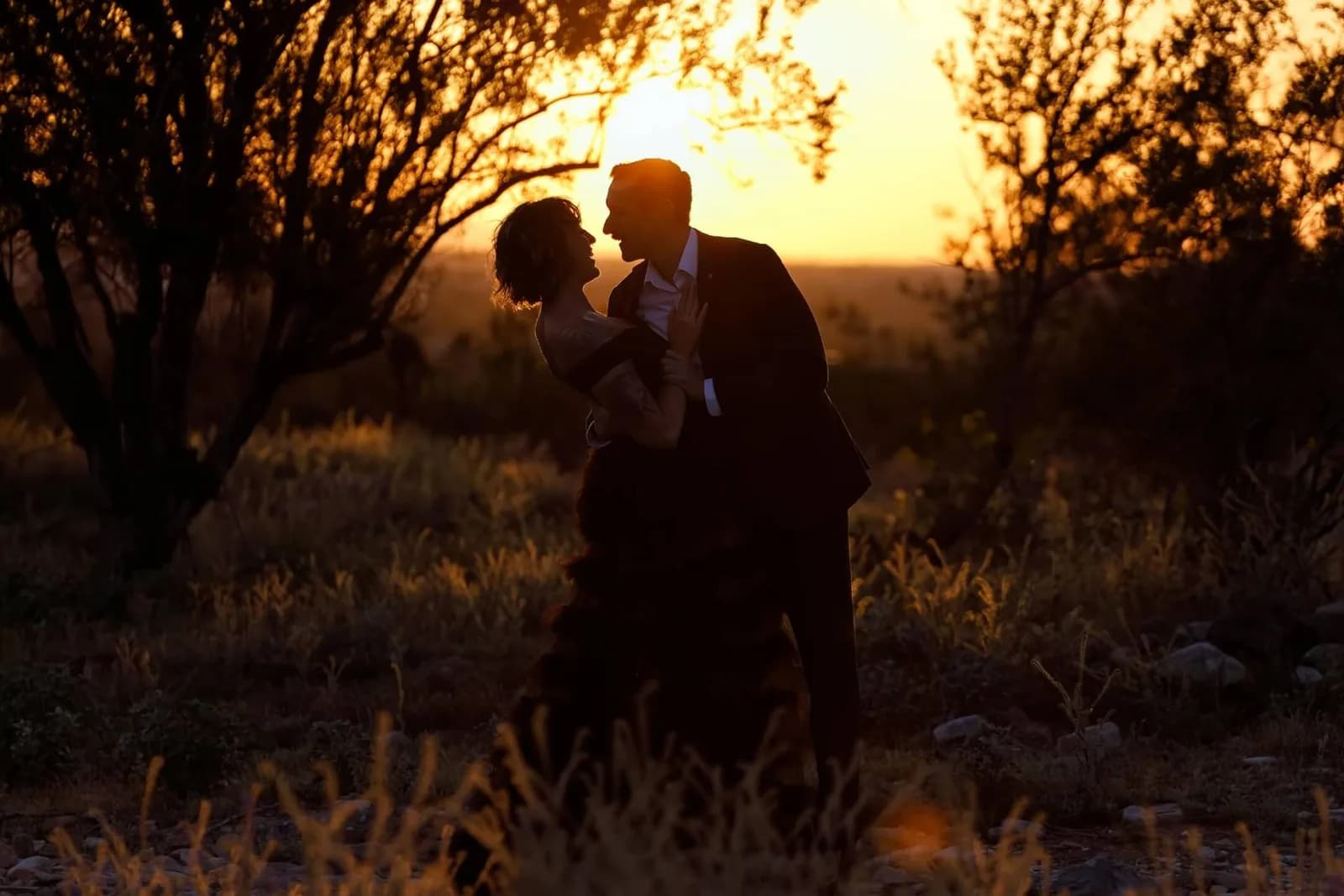 Silhouetted couple in formal wear embracing at sunset in a grassy, tree-filled landscape