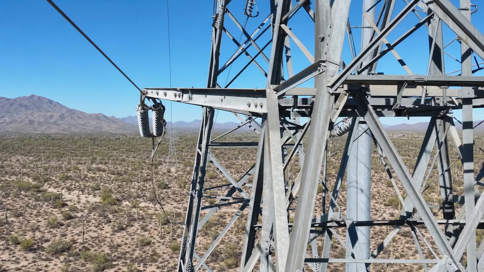 Close-up of steel transmission tower with desert valley and distant mountains under a clear sky