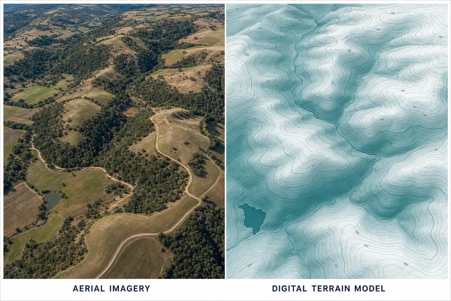 Split view: aerial photo of rolling grassy hills and dirt roads beside a teal contour terrain model