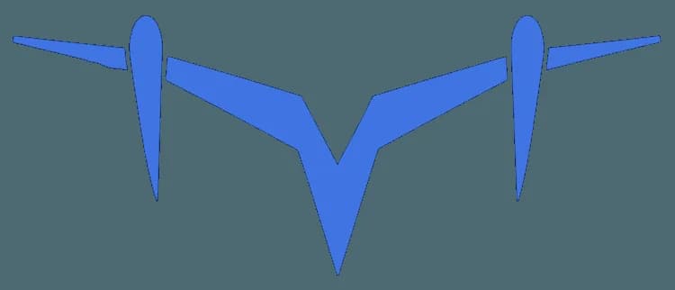 Blue stylized V shape with two elongated winglike teardrop elements