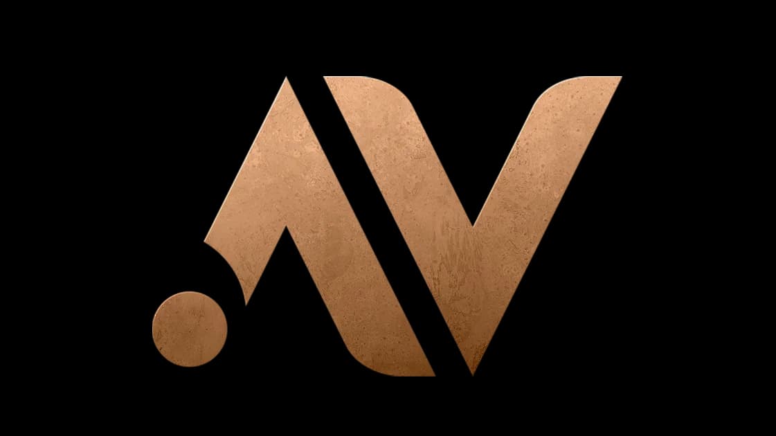 Copper-textured stylized AV logo with a circular dot at left and diagonal split accents