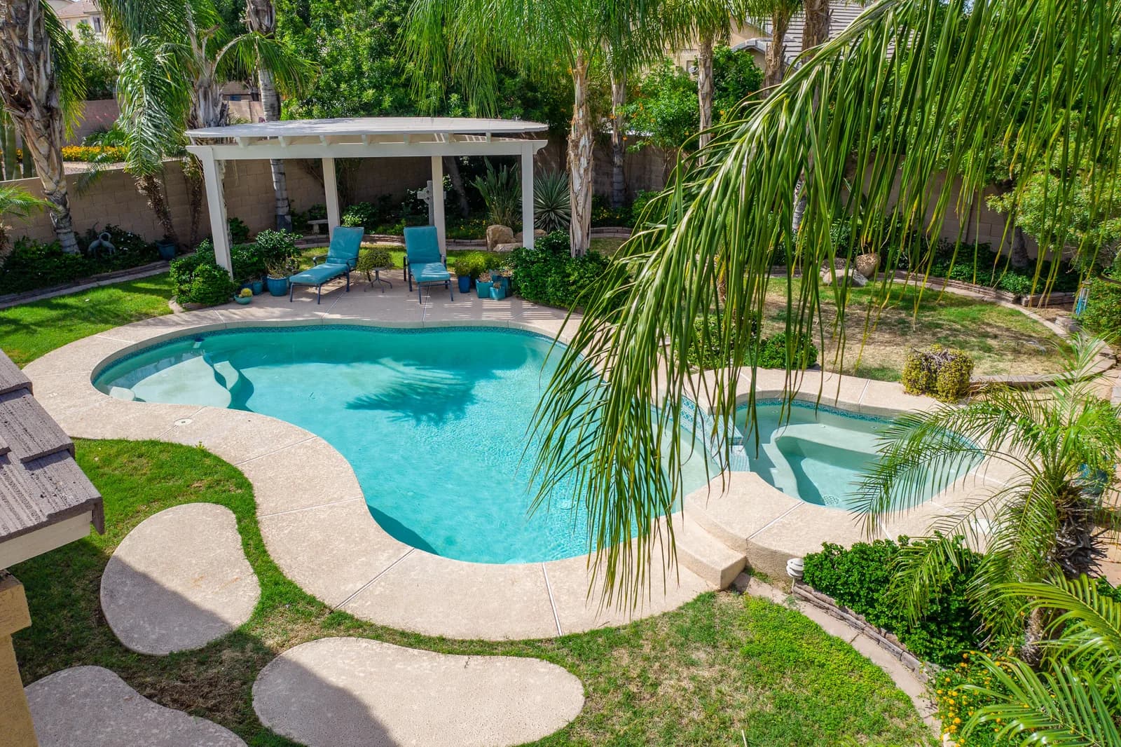 Backyard swimming pool with attached spa, lounge chairs under a pergola, and palm fronds in foreground