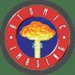 Logo with red circular border and white text, blue center with a white tower and orange mushroom cloud