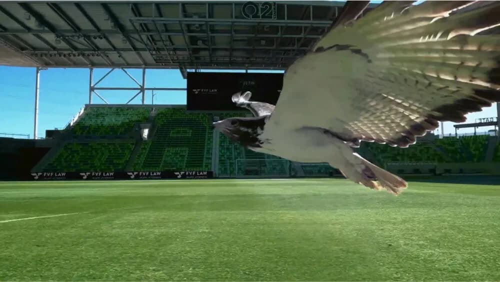 A bird in flight over a soccer field in a stadium with green seating and banners that say FVF LAW