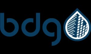 Bdg logo with lowercase letters and a blue teardrop emblem featuring a white leaf pattern