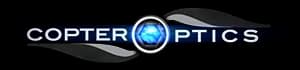 CopterOptics logo with blue letters and a circular globe emblem on a dark background