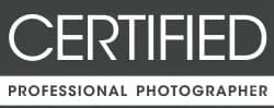 Word 'CERTIFIED' above a gray bar reading 'PROFESSIONAL PHOTOGRAPHER'
