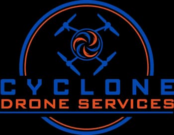 Logo for Cyclone Drone Services with a blue circular emblem, orange center swirl, and blue and orange text