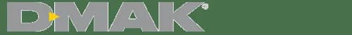 D-MAK wordmark in gray-green block letters with a yellow right-pointing triangle inside the D