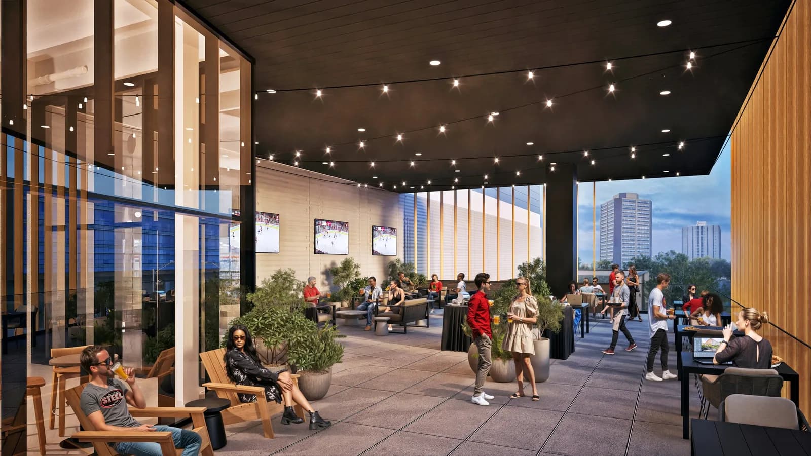 Rooftop lounge with string lights, glass walls, potted plants, and guests socializing by screens with sports