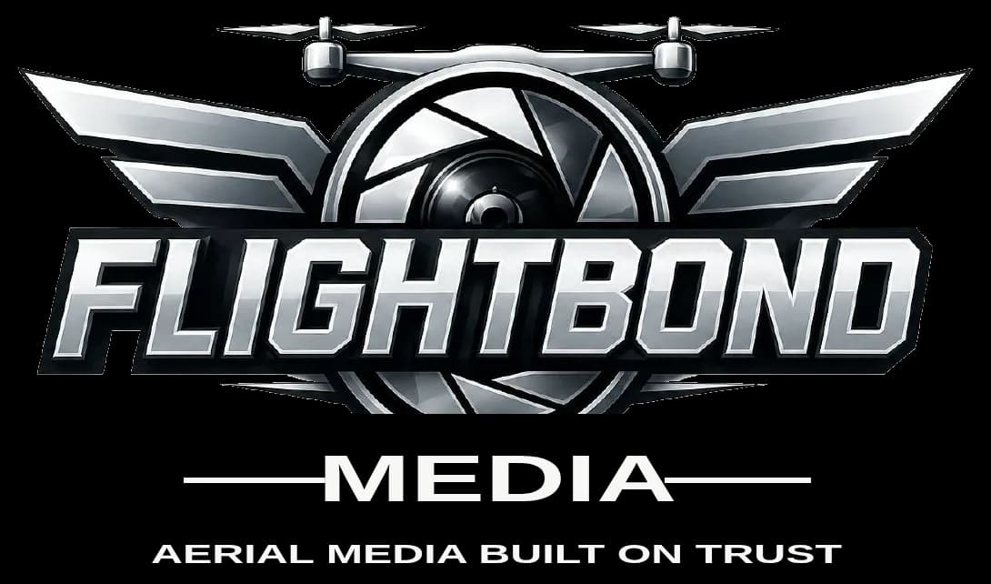 FlightBond logo with chrome text flightbond media, winged emblem, and the tagline aerial media built on trust