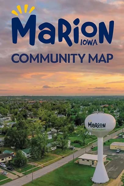 Aerial view of a town with a white Marion water tower and a blue Marion Iowa Community Map header