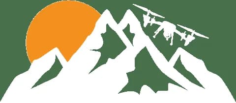 Logo for Flying High Aerial Imagery with white mountains, an orange sun, and a drone silhouette