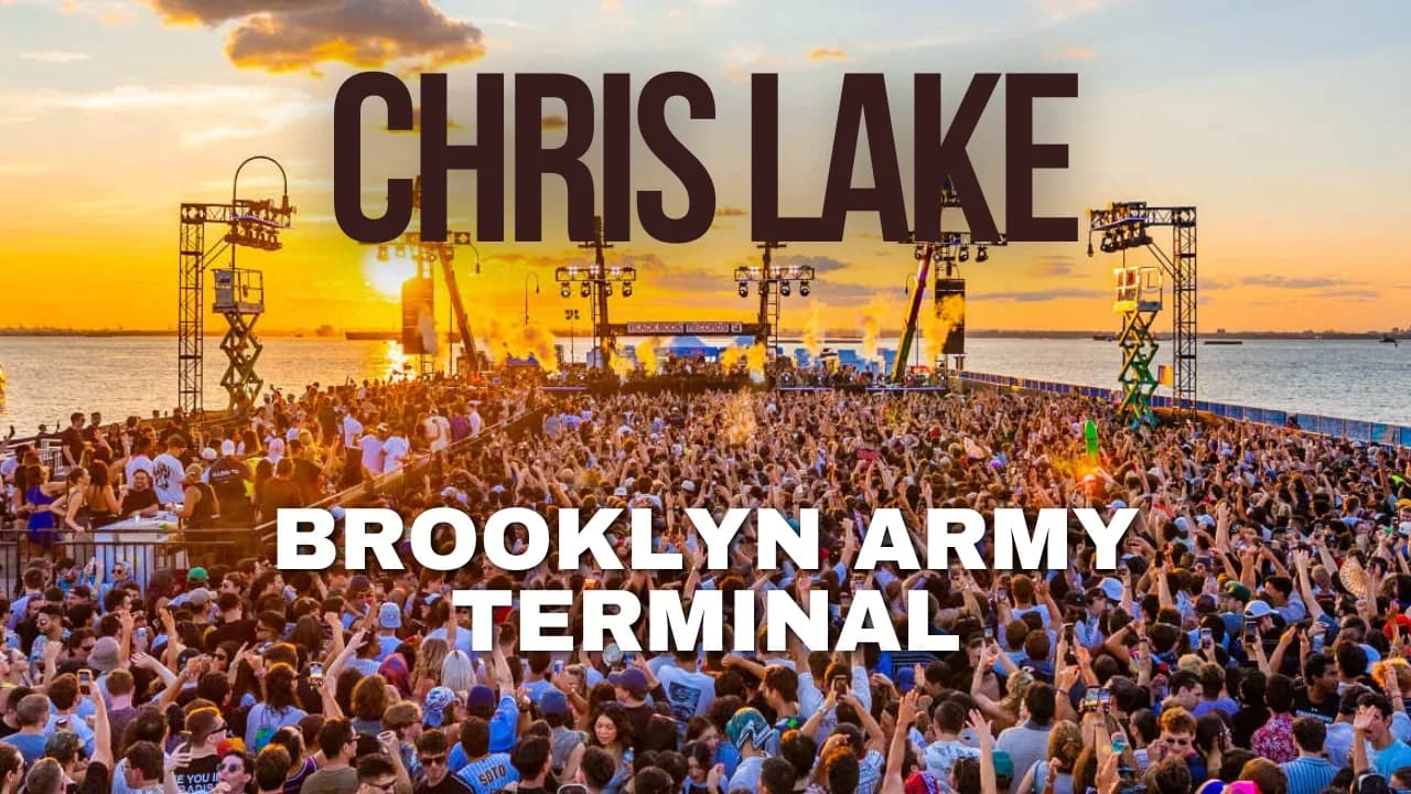 Crowd at a waterfront sunset concert with stage lights and Chris Lake Brooklyn Army Terminal text