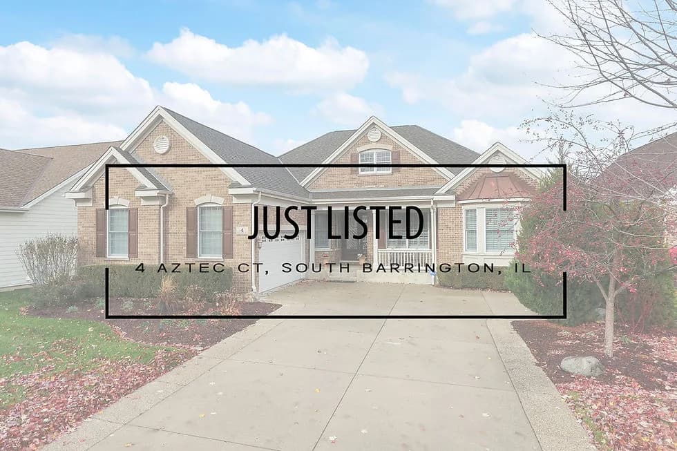 Just listed stamp over a brick suburban home with a driveway and front yard, 4 Aztec Ct, South Barrington, IL