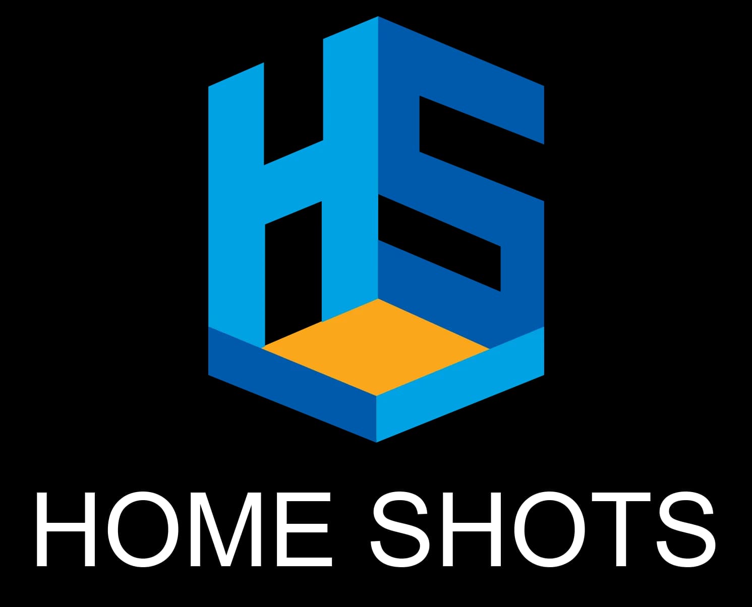 Logo for Home Shots, isometric blue cube with an orange diamond on the base