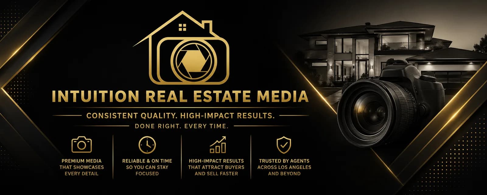 Logo for Intuition Real Estate Media featuring a gold camera inside a house outline and gold text
