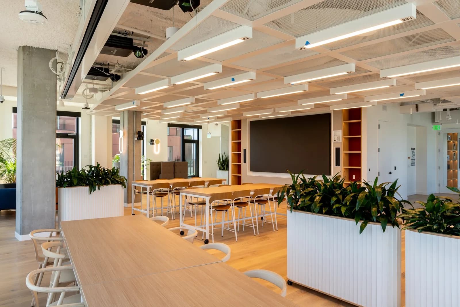 Modern office conference space with long wooden tables, chairs, greenery, and a large wall screen