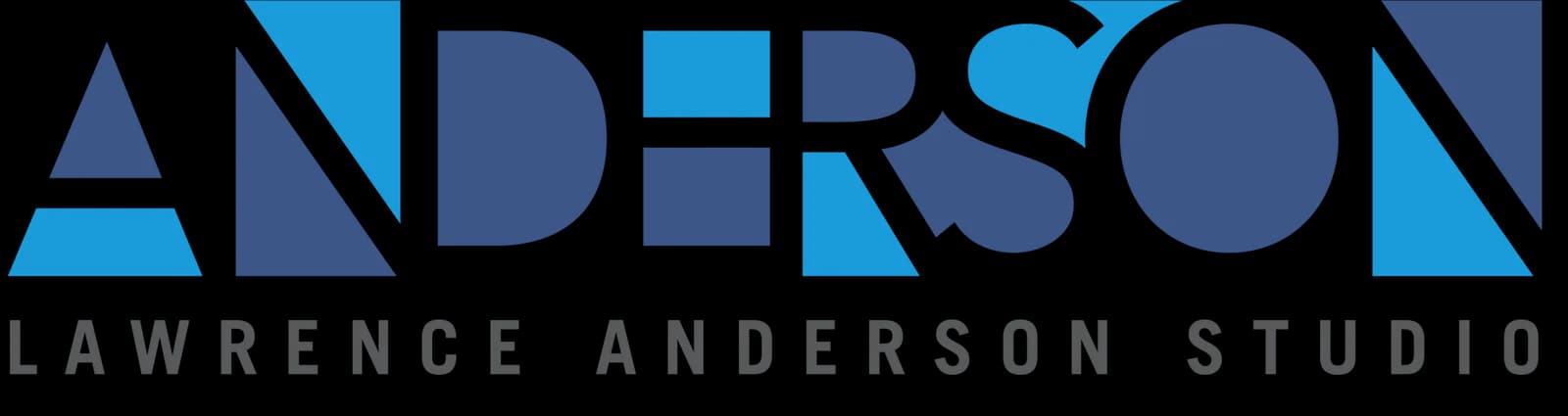 Logo for Lawrence Anderson Studio with blue geometric letters forming Anderson and grey text beneath