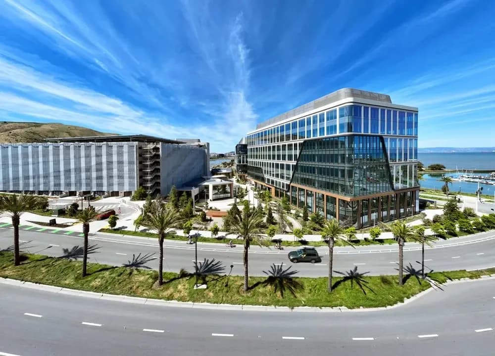 Modern glass office building with a curved facade and diagonal frame, along a palm-lined coastal road