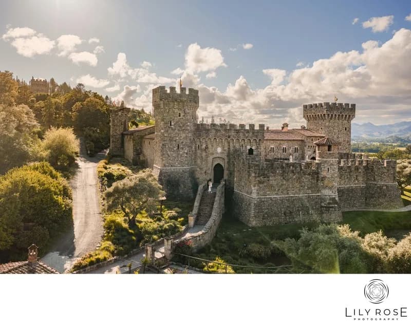 Aerial view of a stone castle with crenellated towers and a curved bridge; Lily Rose Photography logo