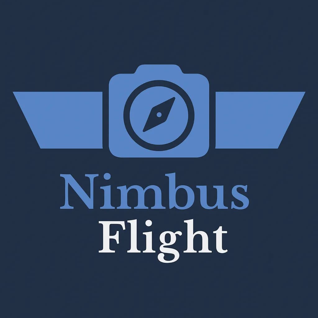 Nimbus Flight logo featuring a central camera icon with wing shapes on a dark blue background