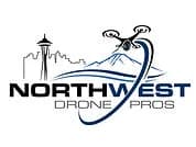 Logo for Northwest Drone Pros featuring a skyline with Space Needle and a blue swoosh around a drone
